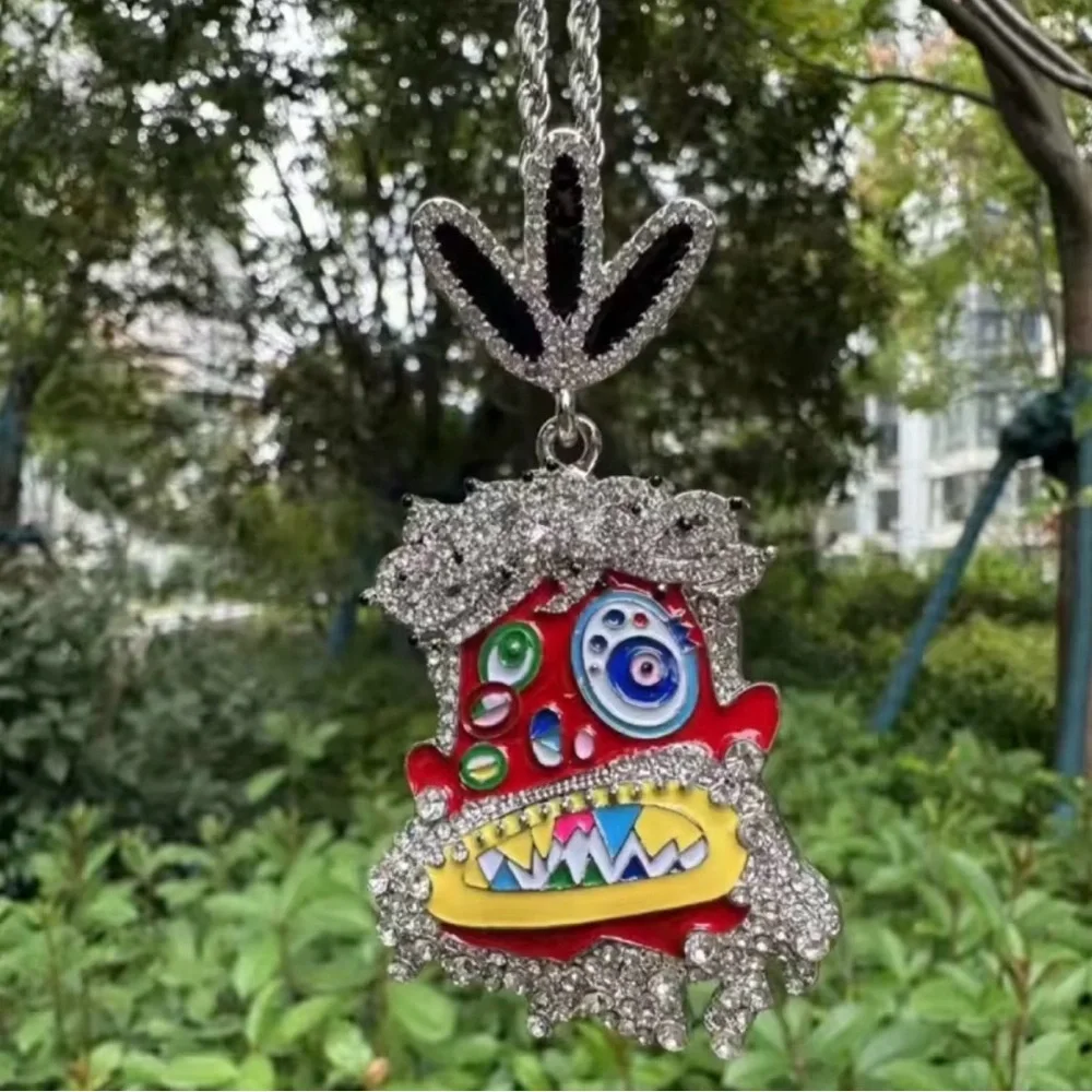 Silver-tone Enamel Monster Pendant Necklace - Red, Multicolor 24inch